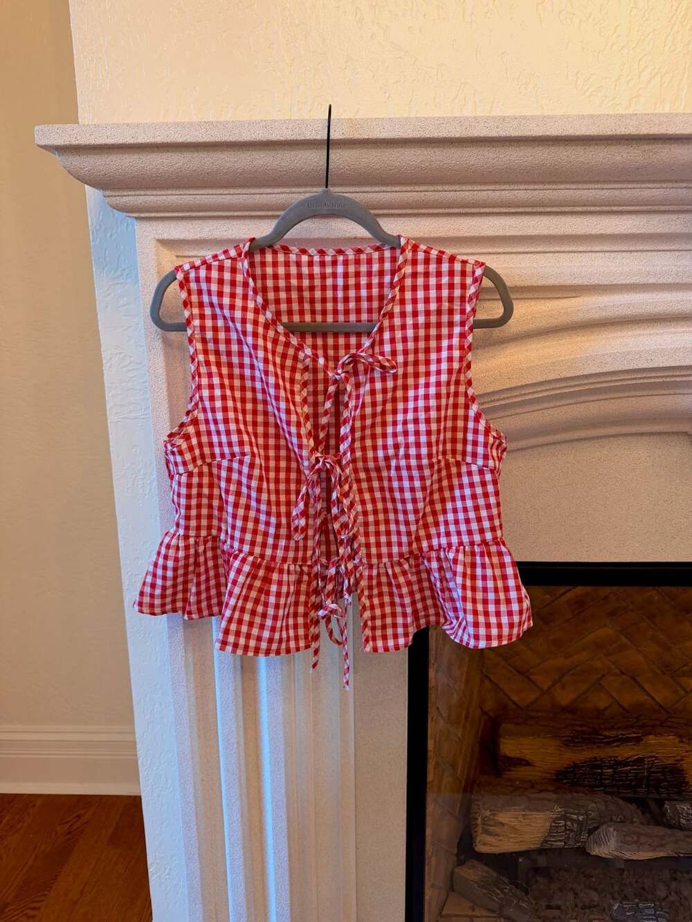 Verdusa Gingham Tie Front Peplum Top Size 8/10 Red White Sleeveless Blouse